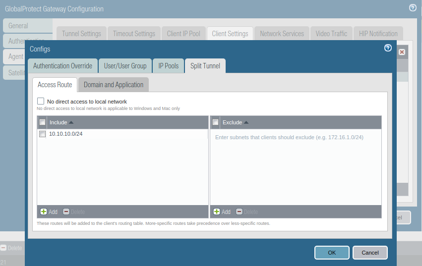 Gateway configuration. Split config. Global protect 5.2.6-87 Palo Alto. Direct access.